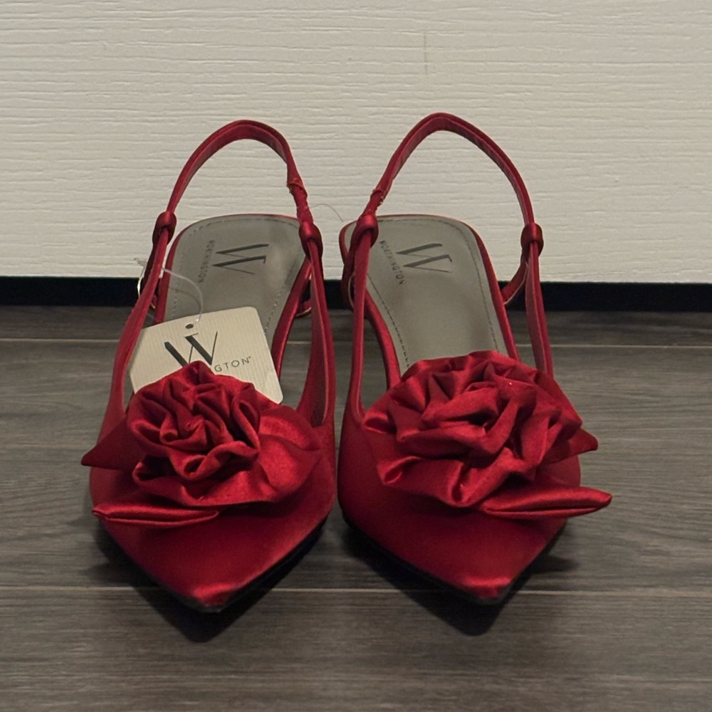 Worthington Red Satin Heels with Rosette Accent
